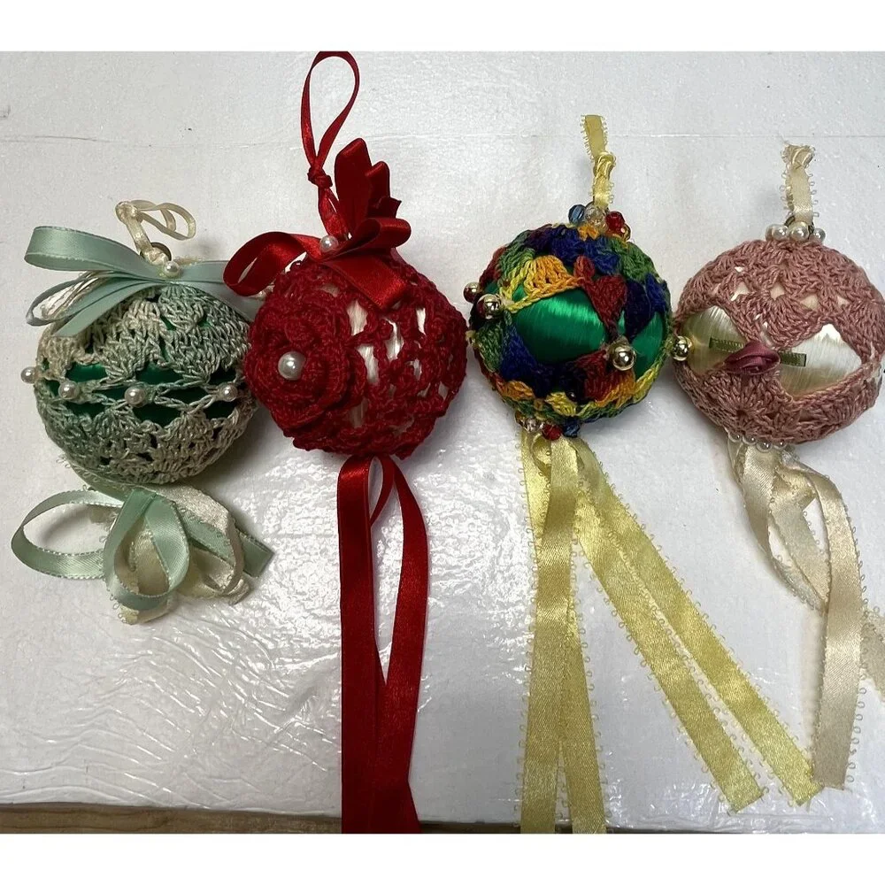 Set Of 4 Handmade Crochet Push Pin Ornaments With Ribbon Tassels  Beaded Accents